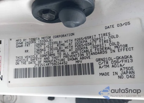 2005 Toyota 4Runner Sr5 Sport V6 z USA, uszkodzony, nr VIN JTEZU14R758034452